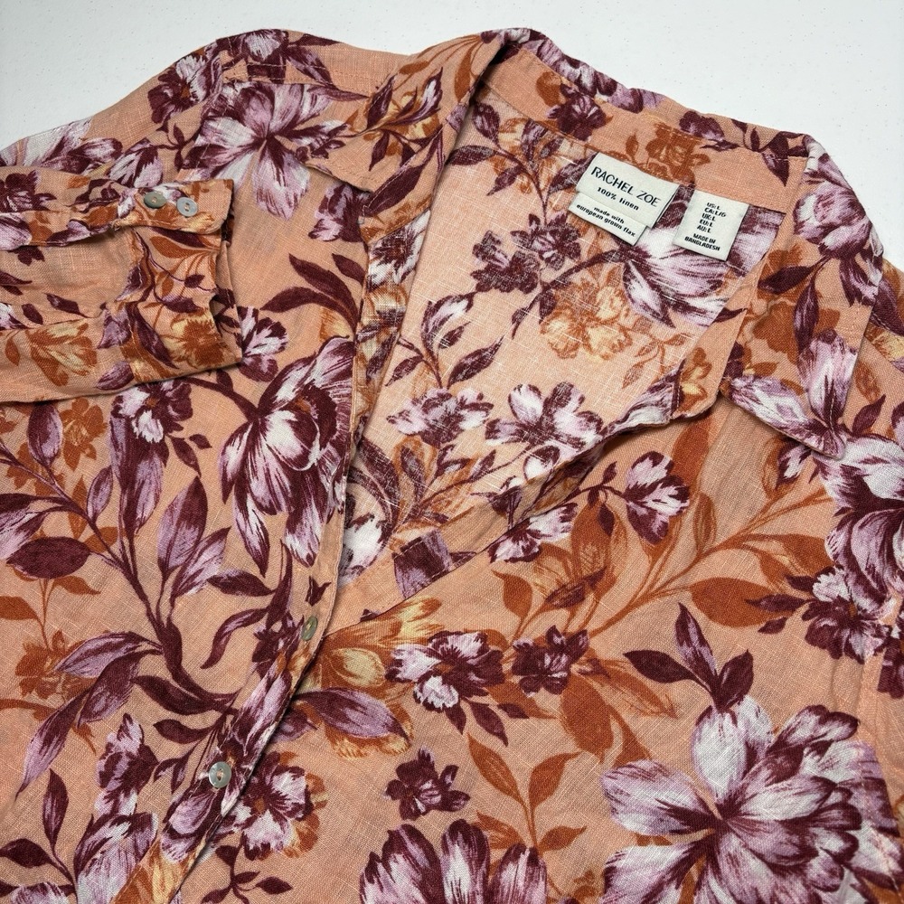 Rachel Zoe 100% Linen Top Size L Orange Pink Tropical Floral European Grown Flax